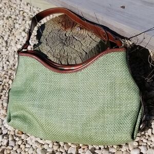 Fossil Shoulder Bag Mint Green Straw & Brown Leather Trim & Handles